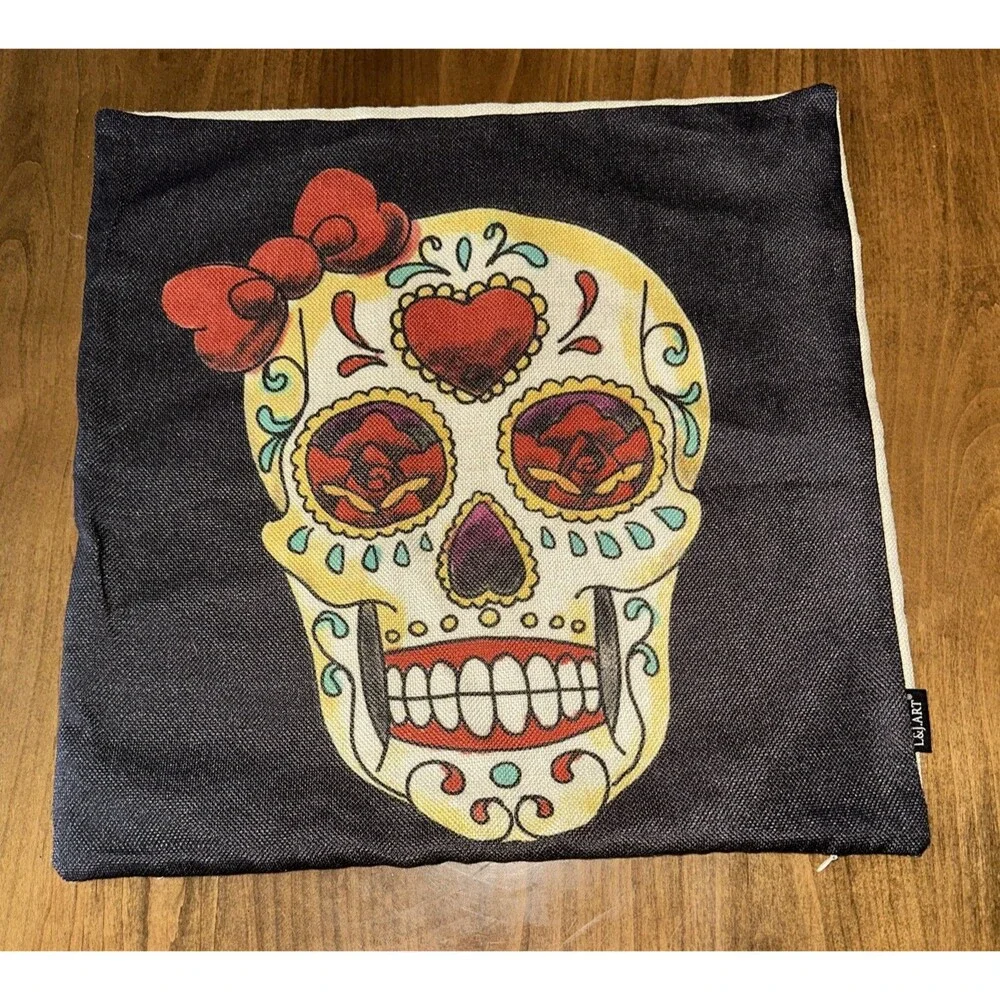 Day of the Dead Sugar Skull Black Red Bow Pillow Cover Diade Muertos 17 X17